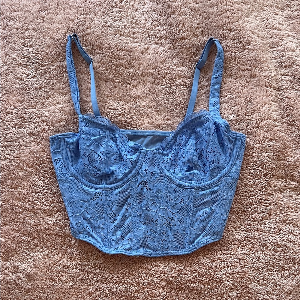 Lace Longline Bralette Crop Top - Blue